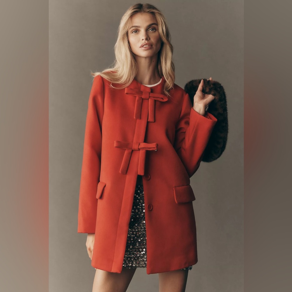 NWT Anthropologie Hutch Red Bow front coat Women's Pea Coat S - Picture 3 of 4